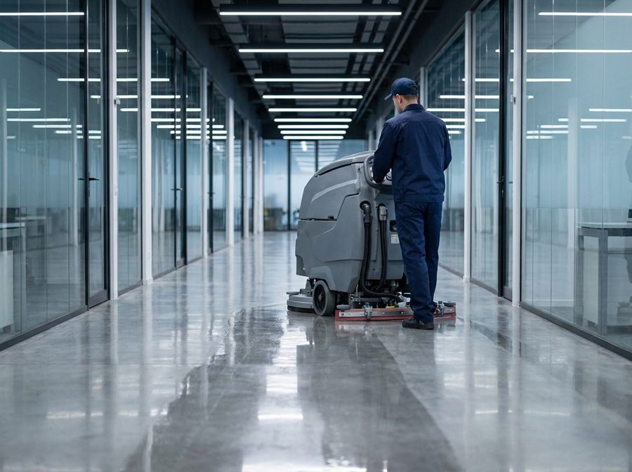 Commercial floor scrubbing machine polishing an office corridor